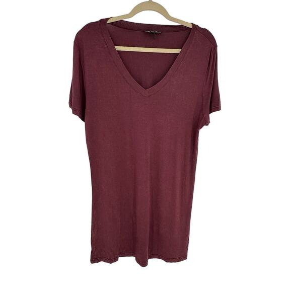 POL Short Sleeve Tee Burgundy Red V-Neck Casual Stretch Relaxed Comfort L - Picture 1 of 7